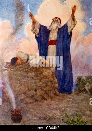 Abramo legò suo Figlio Isacco sull'altare del monte Moriah Foto Stock