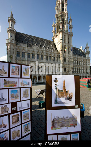 Disegni della città di Bruxelles e Municipio presso la Grand Place / Grote Markt, Belgio Foto Stock