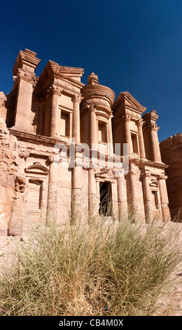 Alcuni erba nel deserto di fronte all'imponente Deir / monastero di Petra con un profondo cielo blu in background Foto Stock