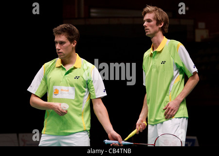 Badminton Giocatori Koen Ridder (sinistra) e Ruud Bosch (destra) dai Paesi Bassi Foto Stock