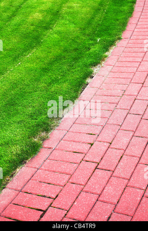 Giardino percorso in pietra con erba cresce tra e attorno alle pietre, mattoni marciapiede Foto Stock