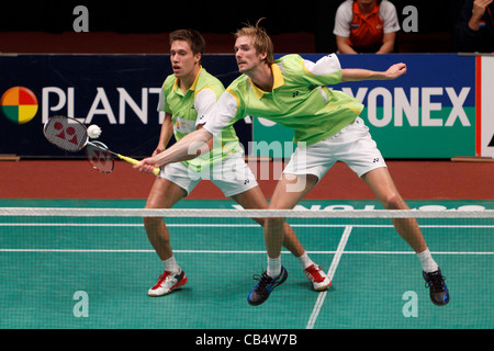 Badminton Giocatori Koen Ridder (sinistra) e Ruud Bosch (destra) dai Paesi Bassi Foto Stock