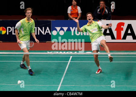 Badminton Giocatori Ruud Bosch (sinistra) e Koen Ridder (destra) dai Paesi Bassi Foto Stock