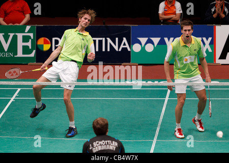 Badminton Giocatori Ruud Bosch (sinistra) e Koen Ridder (destra) dai Paesi Bassi Foto Stock