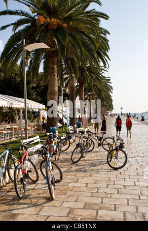 Biciclette sul harbourside passeggiata per la citta di Hvar, Croazia Foto Stock