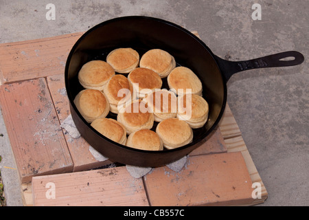 Biscotti cotti in ghisa "nero ferro " forno olandese skillet con carboni ardenti. Foto Stock