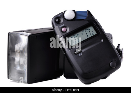 Primo piano di un flash e di un misuratore di luce usati in fotografia Foto Stock