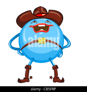 Sfera blu in un marrone cappello da cowboy e stivali con speroni, con un sorriso sorge gambe divaricate e mani sui fianchi, isolato su bianco backgr Foto Stock
