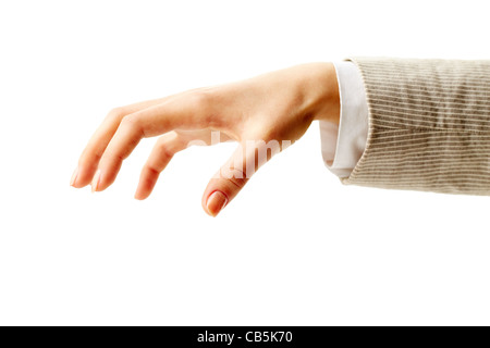 Immagine della mano umana mantenendo il palmo verso il basso su sfondo bianco Foto Stock
