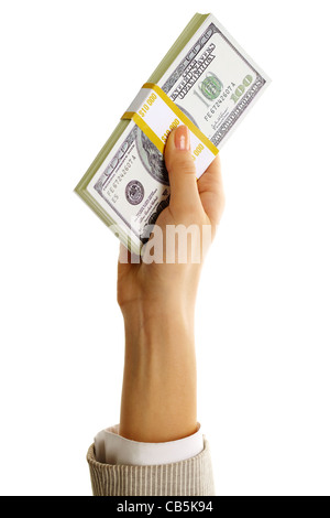 Immagine del lato femmina holding dollaro su sfondo bianco Foto Stock