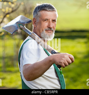 Ritratto di un uomo anziano giardinaggio nel suo giardino (toni di colore immagine) Foto Stock