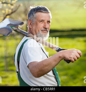 Ritratto di un uomo anziano giardinaggio nel suo giardino (toni di colore immagine) Foto Stock