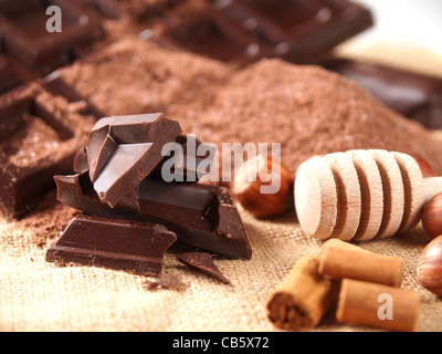 Belga di barrette di cioccolato, noci e cacao in polvere Foto Stock