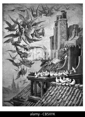 Fontaine Les Vautours et les piccioni vulture pigeon coop nido preda predatore killer uccidendo la caccia la caccia la caccia cacciate Foto Stock