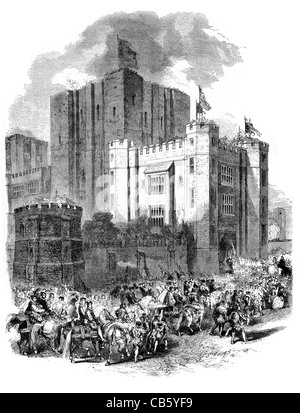 Queen Elizabeth cavalcata Cavalieri Kenilworth Castle 9 luglio 1575 Warwickshire Inghilterra Norman Tudor Foto Stock