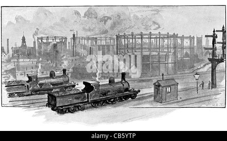 Il Rochdale Road officine del gas dal Lancashire e Yorkshire Railway Greater Manchester locomotiva a vapore il treno del gas di carbone Foto Stock