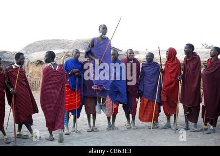 Tradizionali danze Masai, Ngogongoro Area di conservazione, Tanzania Foto Stock