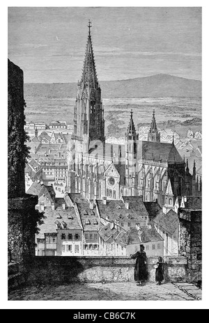 Freiburg Minster Germania cattedrale romanico gotico arcivescovo cattolico torre campanaria bellissima Guglia dodecagonale galleria star Foto Stock