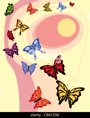Una illustrazione di coloratissime farfalle volare intorno a un Cielo di tramonto Foto Stock