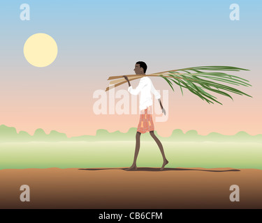 Una illustrazione di un uomo indiano che trasportano la canna da zucchero con la risaia e il tramonto in background Foto Stock