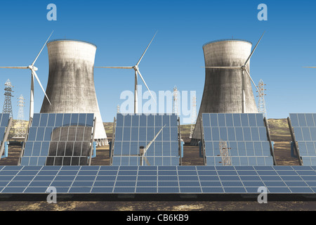 Pannelli solari turbine a vento nucleare torri di raffreddamento e alta tensione poli elettrici sotto nuvoloso cielo blu 3D render il concetto di energia Foto Stock