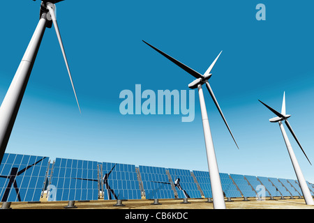 Pannelli solari e delle turbine a vento sotto il cielo blu 3D render il concetto di energia Foto Stock