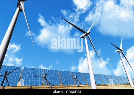 Pannelli solari e delle turbine a vento sotto nuvoloso cielo blu 3D render il concetto di energia Foto Stock