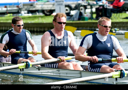 Tre rematori di Sudbury in un coxed quattro al Bedford regata di primavera. I rematori di uno, due e tre. Foto Stock