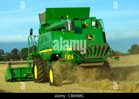 La pula e la paglia proveniente dal retro della mietitrebbia John Deere. Foto Stock