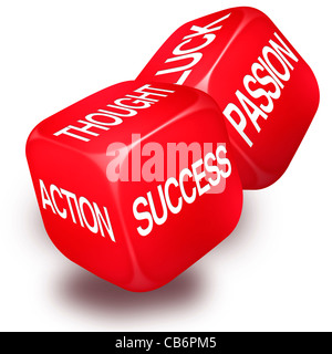 Coppia di piastrine di rotolamento con le parole di pensiero, azione, passione di fortuna e successo stampati sui loro lati. Sfondo bianco, ritaglio Foto Stock