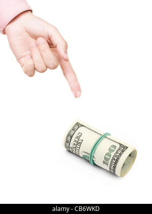 Concetto di finanziamento con la mano e laminati denaro isolato su sfondo bianco Foto Stock