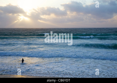 Lone surfer in mare mosso off Porthmeor beach in sera sun, St Ives, Cornwall, Southwest England, UK, Regno Unito, GB, Foto Stock