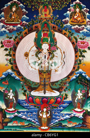 Avalokiteshvara Bodhisattva della compassione thangka dal Nepal. Alta qualità della pittura. Foto Stock