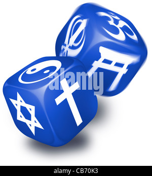 Coppia di dadi blu con i simboli delle varie dottrine religiose stampato su ciascun lato. Tagliare, sfondo bianco Foto Stock