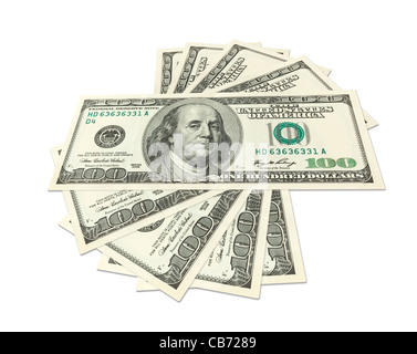 Denaro - centinaia di dollari (fatture del dollaro) spalmato su sfondo bianco Foto Stock
