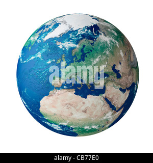 Globo mostra il continente europeo - su sfondo bianco, tagliate, silo, isolato studio Foto Stock