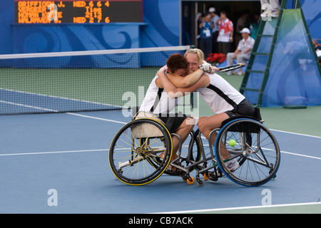 Pechino, Cina Settembre 14, 2008: Giochi Paralimpici che mostra i Paesi Bassi raddoppia la vittoria dei giocatori di tennis su sedia a rotelle Foto Stock