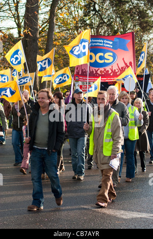 N30 Settore Pubblico sciopero e Rally a Cardiff, novembre 2011. I dimostranti sono mostrati cartelloni di contenimento come essi marzo al rally. Foto Stock