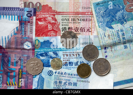 Dollaro di Hong kong le banconote e le monete metalliche, RAS di Hong Kong, Cina Foto Stock