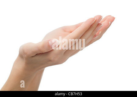 Bellissimo ben curato donna dando o tenendo le mani isolati su sfondo bianco Foto Stock