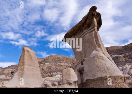 Hoodoos nelle Badlands canadesi in Alberta, Canada. A est di Drumheller, l'Hoodoo Drive Trail (autostrada 10) prende il nome da queste formazioni dalla forma stranamente sagomata. Foto Stock