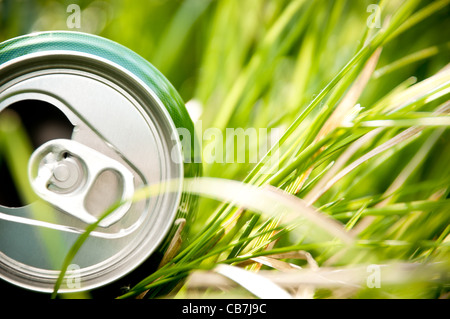 Aperto in alluminio verde può (bottiglia) posa in erba verde Foto Stock