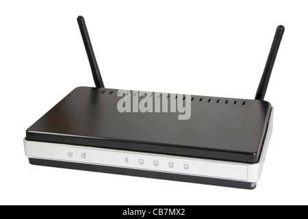 Nuovo nero router WiFi con due antenne. Isolato su sfondo bianco con percorso di clipping. Foto Stock