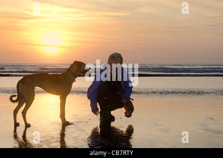 Una donna e il suo cane sulla spiaggia di Drigg a bassa marea, rivolto verso la fotocamera nella parte anteriore di un tramonto Foto Stock
