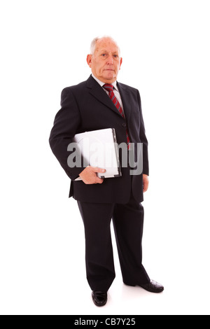 Imprenditore senior in possesso di un computer portatile (isolato su bianco) Foto Stock