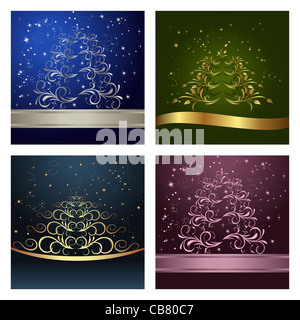 Impostare celebrazione carte con astratto floreale Christmas tree - Vettore Foto Stock
