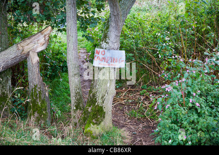 Nessun segno di campeggio in una zona rurale di Devon, Inghilterra Foto Stock