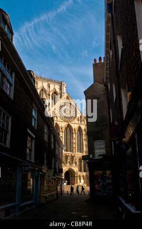 York Minster fronte sud con Rose window, visto da Minster Gates, York, Regno Unito. Foto Stock