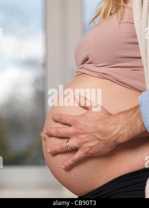 Il marito le mani sui suoi nove mesi di gravidanza moglie del ventre Foto Stock