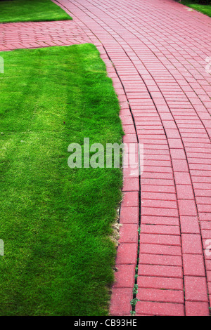 Giardino percorso in pietra con erba cresce tra e attorno alle pietre, mattoni marciapiede Foto Stock